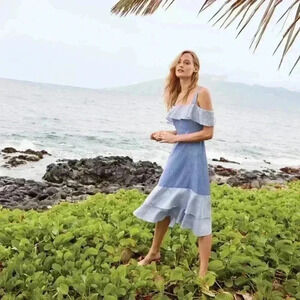 NWT J CREW Striped Cold-Shoulder Silk Dress Size 14 $188 True Blue Ruffle Lined